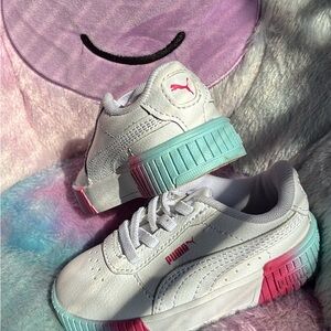 Puma Kids White Sneakers with Pink & Aqua Sole Accents